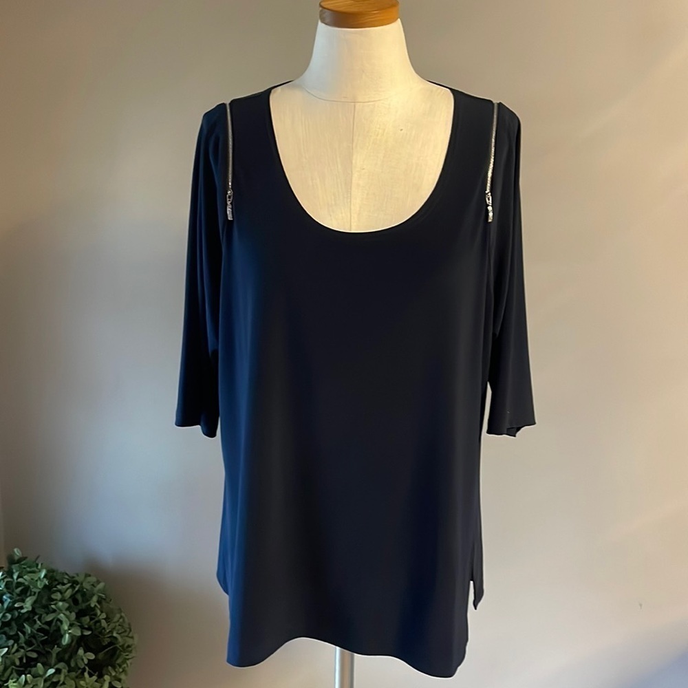 SYMPLI tunic black top zippered shoulders for cold shoulder option jersey sz 18